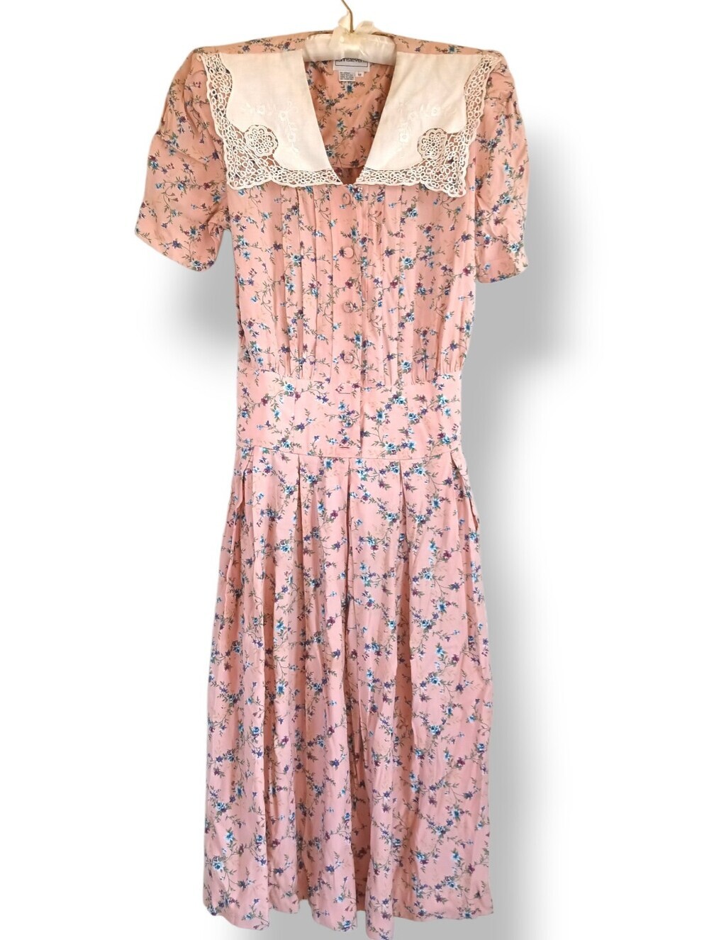 Vintage Pink Floral Midi Dress Lace Sailor Collar Prairiecore Karin Stevens 80s - Picture 2 of 15